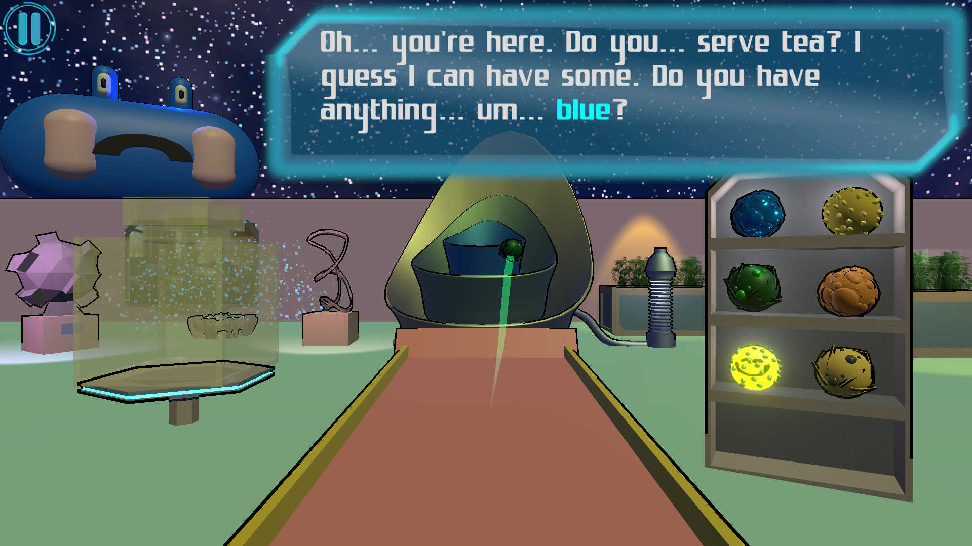 Alien customer requesting blue tea